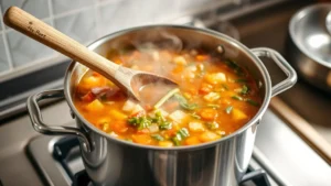 Large stockpot filled with a colorful vegetable soup being stirred with a wooden spoon
