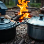 Cast Iron vs Aluminum Dutch Oven Camping: The Ultimate Material Comparison 2 Cast iron and aluminum Dutch ovens side by side at a campsite with campfire in background