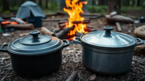 Cast iron and aluminum Dutch ovens side by side at a campsite with campfire in background
