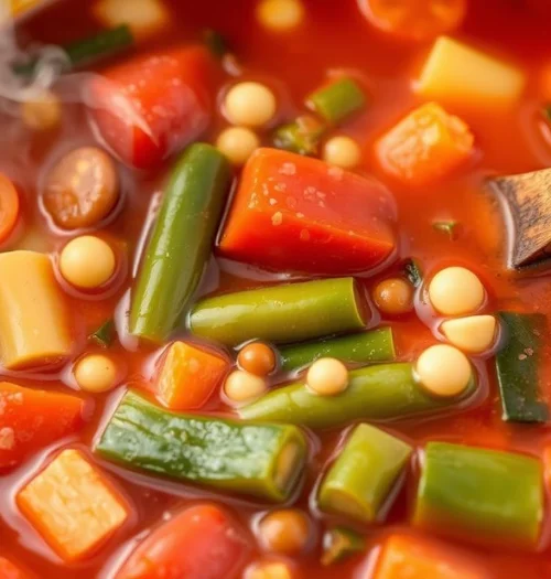Colorful vegetable minestrone soup with beans and pasta in a stockpot