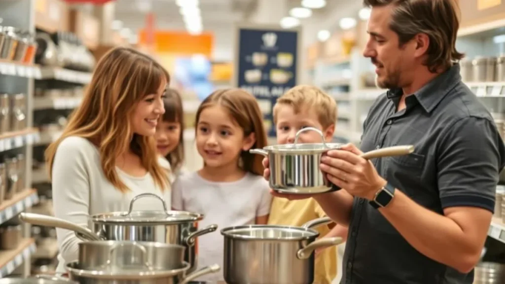 Stainless Steel vs Ceramic vs Enamel Stockpots: Which Material Is Best for Large Families? 11 Family shopping for stockpots, examining different materials