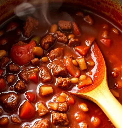 Rich Texas beef chili simmering in a stockpot