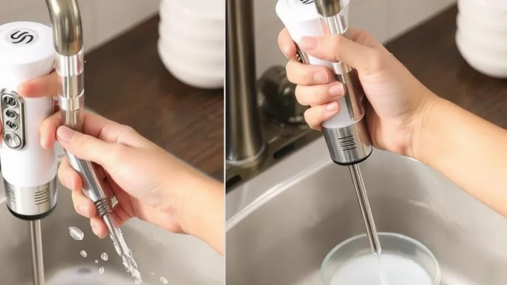 Person cleaning a hand immersion blender properly