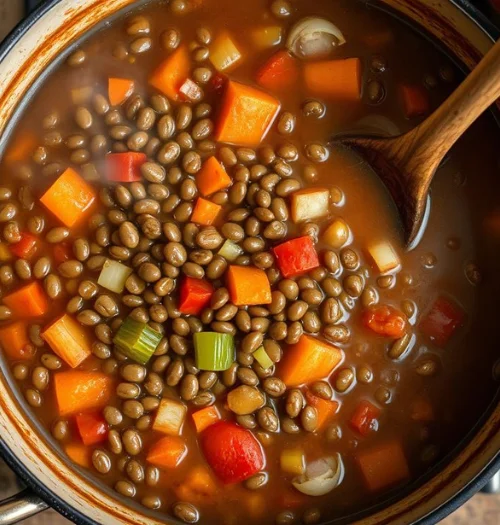 Thick lentil stew with vegetables in a stockpot