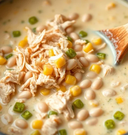 Creamy white chicken chili with white beans in a stockpot