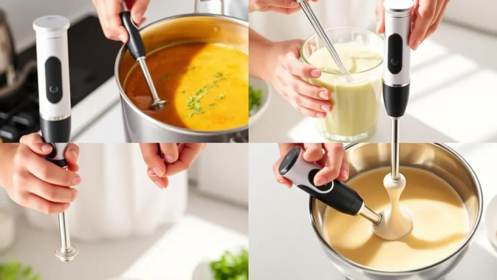 Hand immersion blender being used for multiple kitchen tasks in a collage