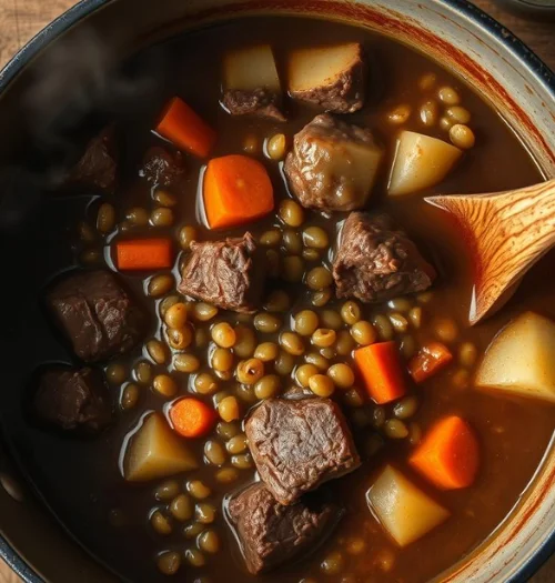 Rich beef and barley stew with vegetables in a stockpot