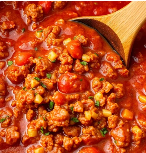 Rich bolognese sauce simmering in a stockpot