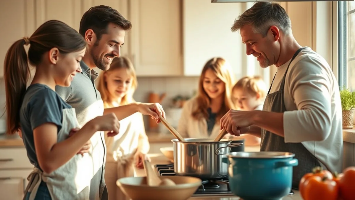 Family cooking together with appropriately sized stockpot Family cooking together with appropriately sized stockpot- Stockpot size guide