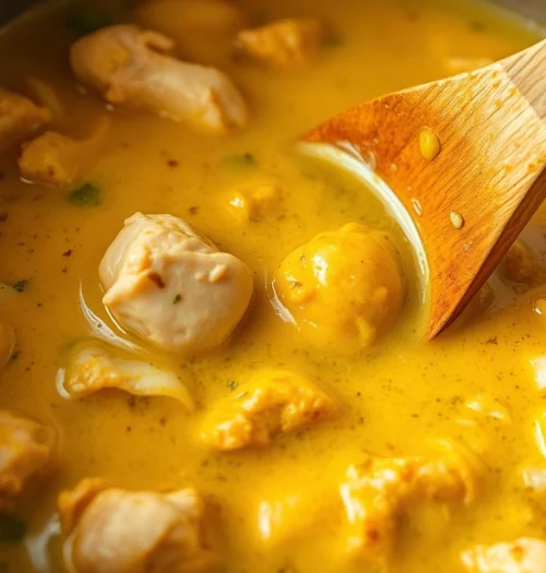 Yellow chicken curry base with spices simmering in a stockpot