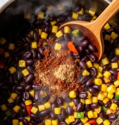 Seasoned black bean taco filling cooking in a stockpot