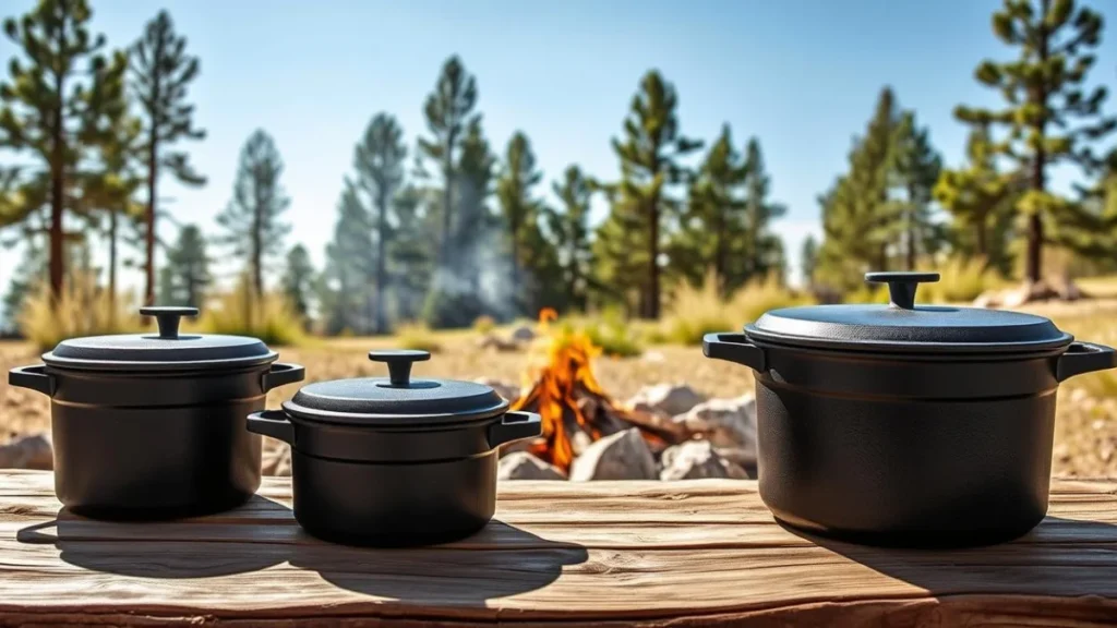 A detailed display of various sizes of Dutch ovens arranged in a natural outdoor setting conducive for camping. In the foreground, three Dutch ovens of varying sizes - small, medium, and large - are placed on a rustic wooden table, showcasing their distinct features like handles and lids. The middle ground features a campfire surrounded by rocks, contributing to the camping ambiance. In the background, there are tall pine trees under a clear blue sky, indicating a sunny day in nature. The lighting is bright and natural, with soft shadows, while the camera is positioned at a slight angle to emphasize the size difference amongst the Dutch ovens. The mood is inviting and adventurous, perfect for highlighting the practicality of selecting the right size for camping needs.