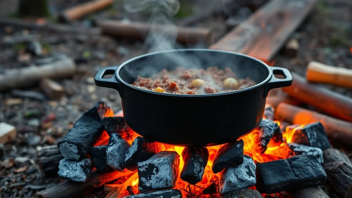 2 Dutch Oven Seasoning-Dutch oven being used over a campfire with food being cooked inside
