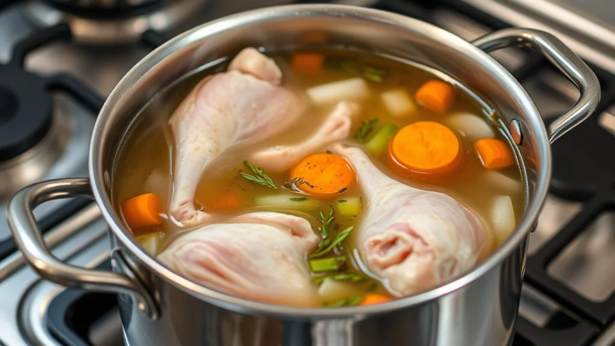 A large stockpot being used to make homemade chicken stock with vegetables and herbs visible A large stockpot being used to make homemade chicken stock with vegetables and herbs visible