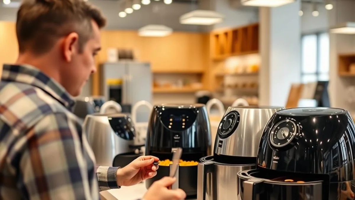 Person comparing different air fryer models in a kitchen showroom Person comparing different air fryer models in a kitchen showroom