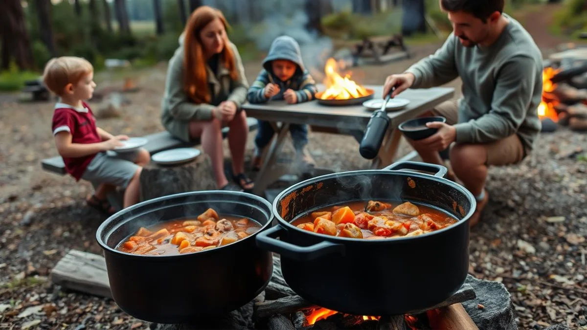 Family enjoying a Dutch oven meal at a campsite with food being served from a Dutch oven-Dutch Ovens for Camping
