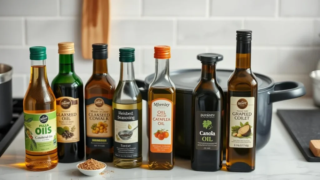 Dutch Oven Seasoning: The Complete Step-by-Step Guide to Season and Maintain Cast Iron 5 Various oils for seasoning a Dutch oven arranged next to a cast iron pot.Dutch Oven Seasoning Guide: