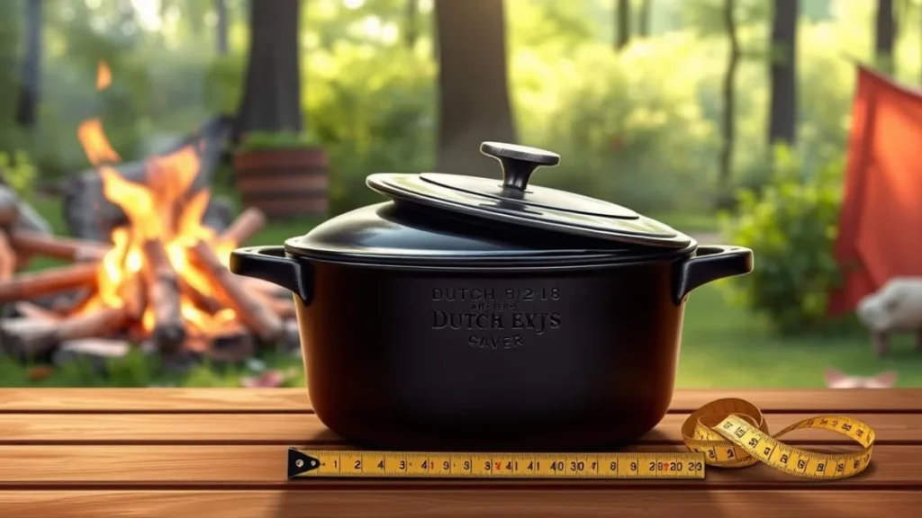 A detailed illustration of a Dutch oven surrounded by standard measurement tools. In the foreground, a shiny cast iron Dutch oven, approximately 12 inches in diameter, with a lid slightly ajar, is placed on a wooden table. In the middle, a ruler and measuring tape lie next to the oven, highlighting the dimensions. The background features a soft-focus campsite scene with a crackling campfire and greenery, evoking a warm, inviting atmosphere that suggests the great outdoors. Natural sunlight filters through the trees, casting gentle shadows and illuminating the rich colors of the Dutch oven. The image captures the essence of cooking with a Dutch oven while focusing on its specific size, making it an engaging visual reference for readers.