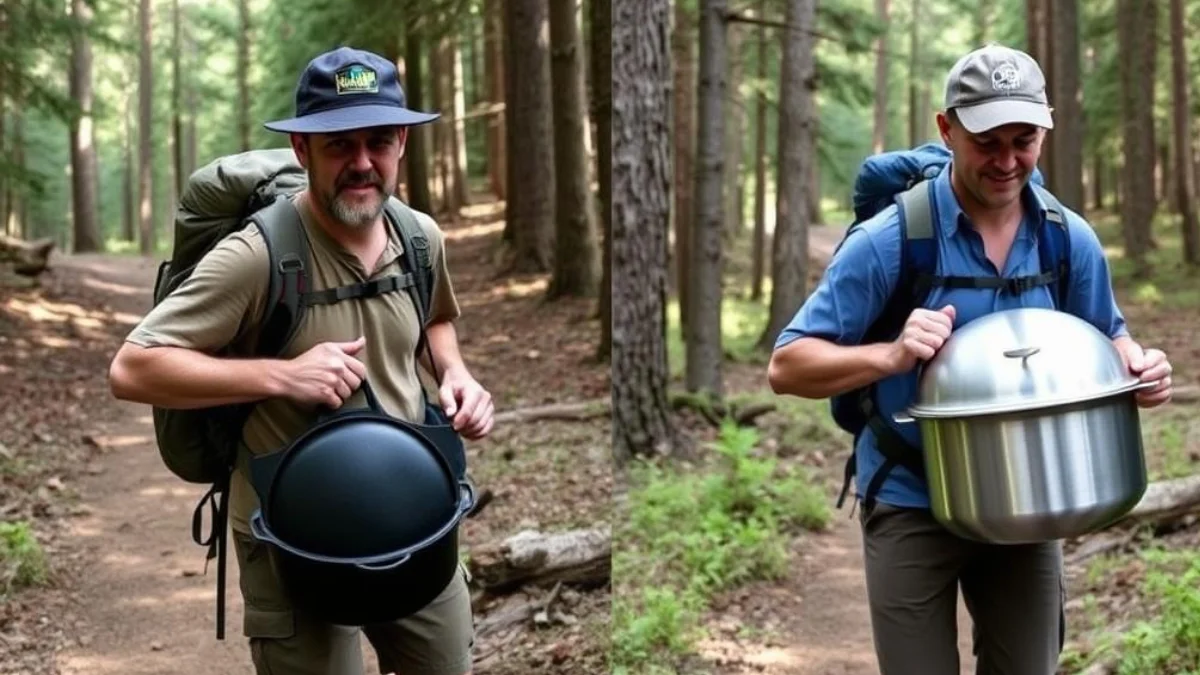 Person carrying cast iron vs aluminum Dutch oven on a hiking trail showing weight difference Person carrying cast iron vs aluminum Dutch oven on a hiking trail showing weight difference