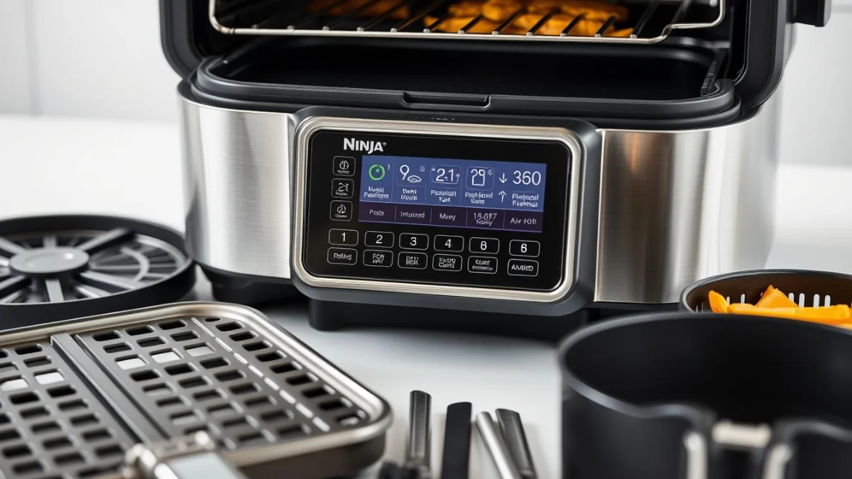 Ninja DG551 Foodi Indoor Grill with Air Fryer control panel and accessories