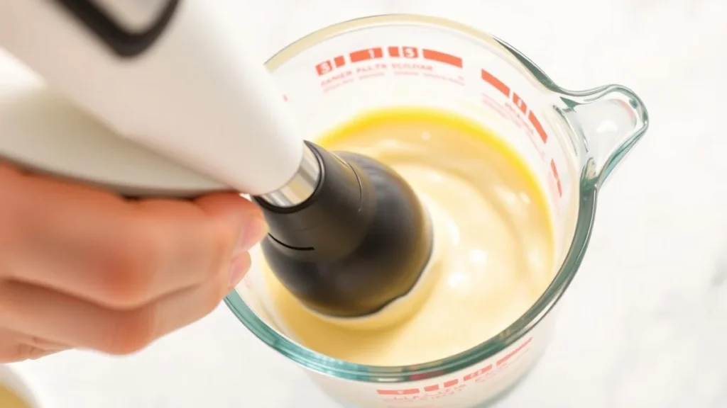 Person using a hand immersion blender to make mayonnaise in a small container