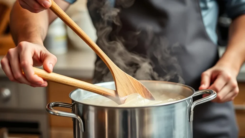 Person domenstration the right stirring technique with a large stockpot