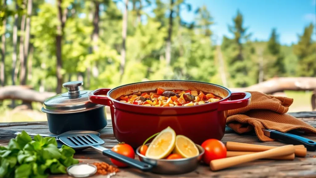 A medium Dutch oven, 10-12 inches in diameter, placed on a rustic wooden picnic table, surrounded by essential camping cooking tools like spatulas and grill mitts. The oven is filled with a hearty stew, steam rising gently into the air, illustrating family-sized cooking. In the foreground, fresh vegetables, seasonings, and utensils create an inviting cooking scene. In the middle ground, a green forest with soft, dappled sunlight filtering through the leaves, reflecting a warm, outdoor atmosphere. The background features a blue sky, adding to the serene camping vibe. Soft, natural lighting enhances the colors and textures, giving the image a cozy, welcoming look. The focus is sharp on the oven, conveying a sense of comfort and togetherness in outdoor cooking.
