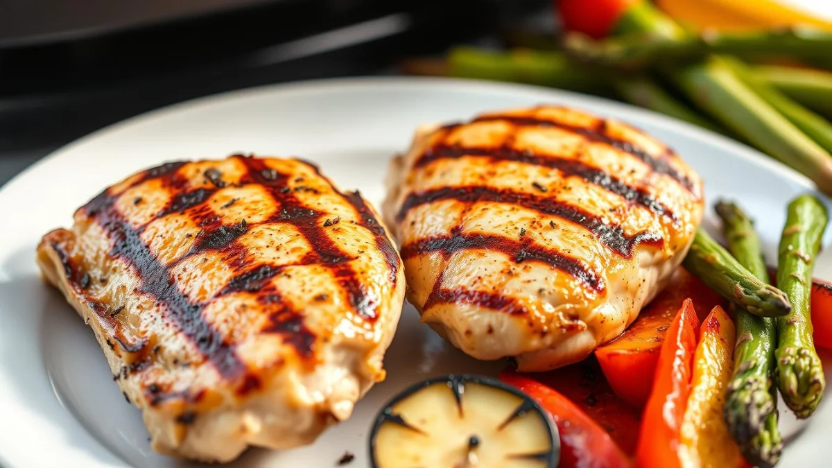 chicken and vegetables cooked in the Ninja Indoor Grill with Air Fryer