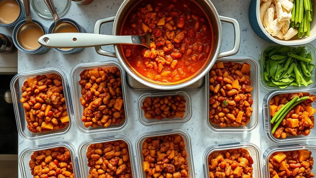 Meal prep containers being filled from a large stockpot Meal prep containers being filled from a large stockpot