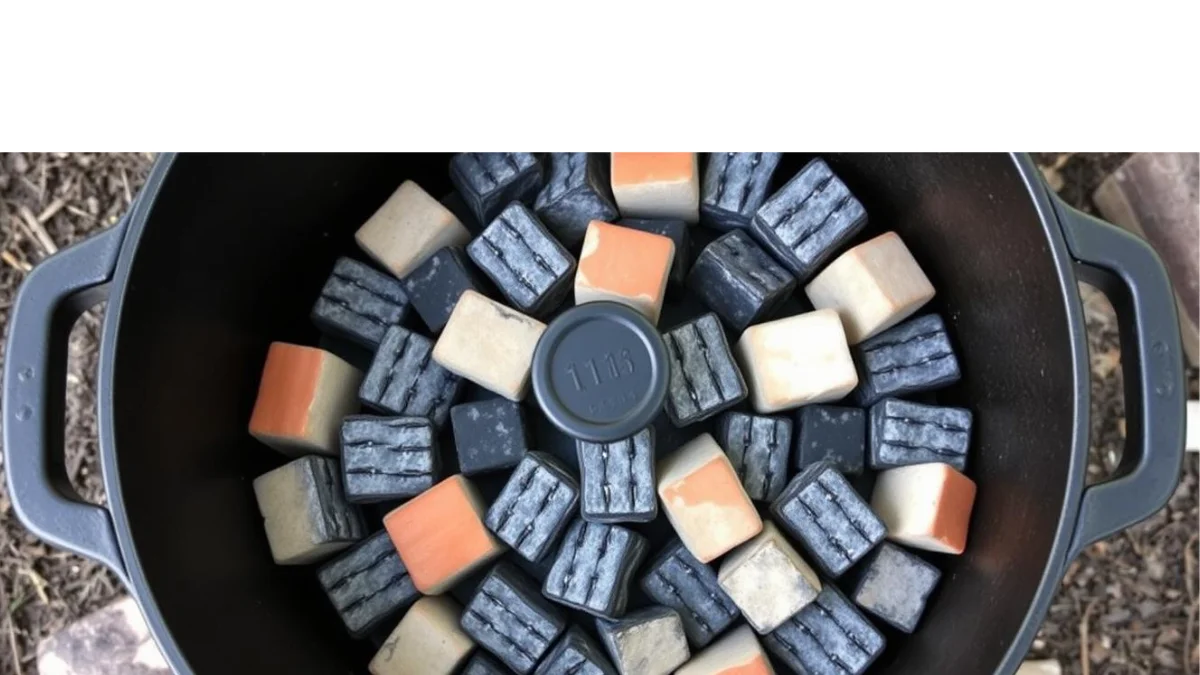 Dutch oven with charcoal briquettes arranged using the Three Up, Three Down rule Dutch oven with charcoal briquettes arranged using the Three Up, Three Down rule