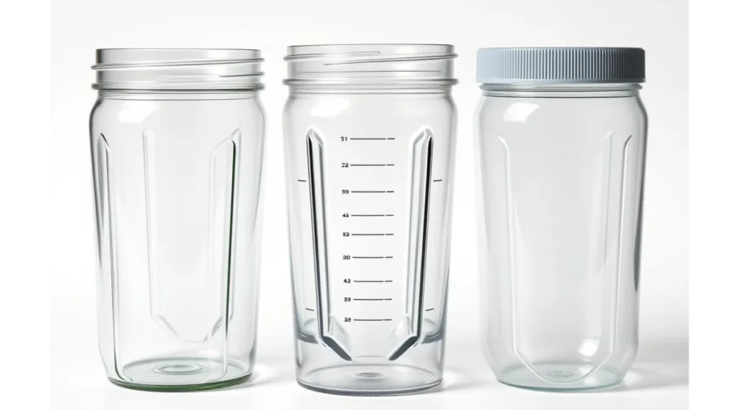 Three different blender jars made of glass, Tritan plastic, and standard plastic shown side by side with their properties