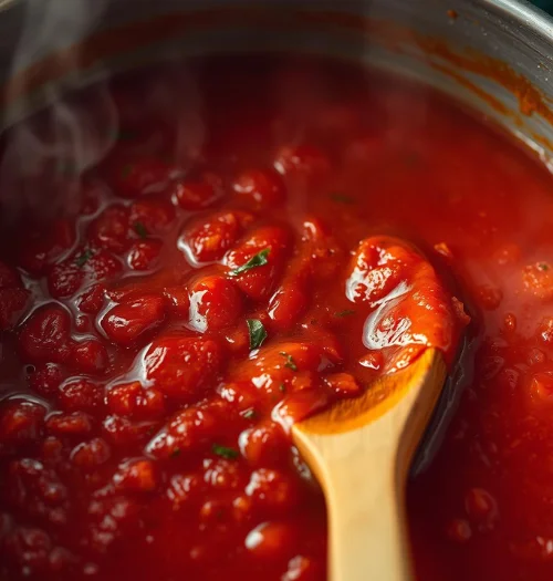 Rich red tomato sauce simmering in a stockpot
