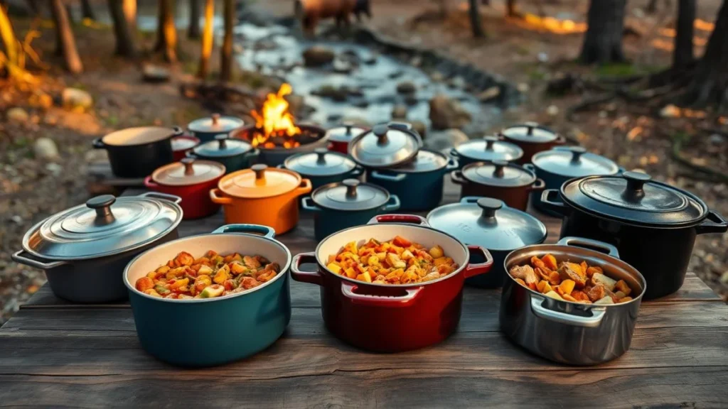A well-arranged display of various large Dutch ovens (12-14 inches in size) placed on a rustic wooden table. In the foreground, emphasize three distinct Dutch ovens with different finishes—cast iron, enamel, and stainless steel. Each pot should be opened to reveal colorful, hearty ingredients inside, like stews and vegetables. In the middle ground, show additional Dutch ovens of varying colors and styles, creating a sense of depth. The background features a serene campsite setting with trees, a gentle creek, and a smoke-emitting campfire, under soft, warm lighting that suggests an outdoor ambiance during golden hour. The atmosphere should evoke a sense of adventure and community, perfectly suitable for group camping. Use a slight overhead angle to capture all elements harmoniously.