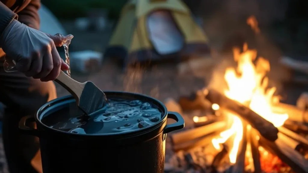 Dutch Oven Seasoning: The Complete Step-by-Step Guide to Season and Maintain Cast Iron 11 Cleaning a Dutch oven at a campsite with proper techniques