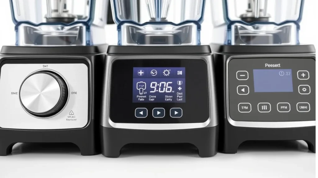 Different blender control panels showing manual dials, digital interfaces, and preset buttons