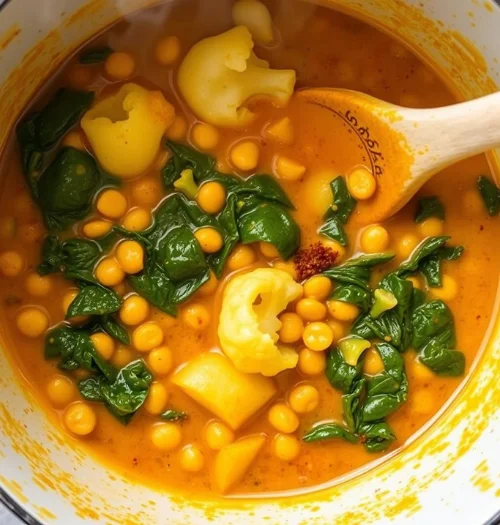 Colorful vegetable curry simmering in a stockpot