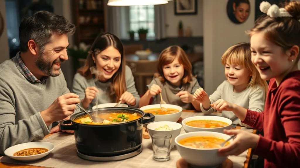 Stockpot meals- Family enjoying a home-made stockpot meal together at a dinner table