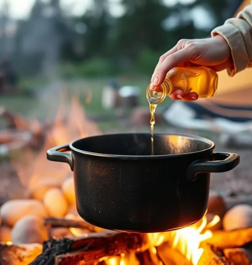 Dutch Oven Seasoning: The Complete Step-by-Step Guide to Season and Maintain Cast Iron 9 Dutch oven being oiled after cooking over campfire