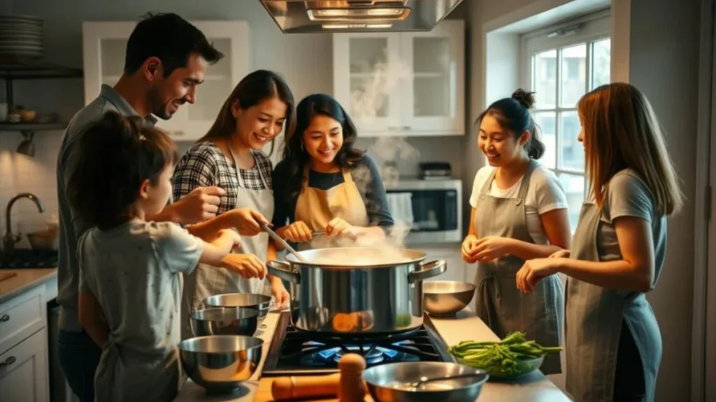 Stainless Steel vs Ceramic vs Enamel Stockpots: Which Material Is Best for Large Families? 6 Family gathered around kitchen with large stockpot cooking, showing best stockpot material in action