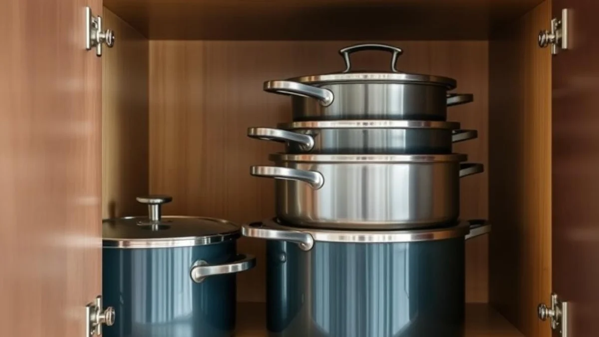 Kitchen cabinet with stockpots of various sizes being stored efficiently Kitchen cabinet with stockpots of various sizes being stored efficiently