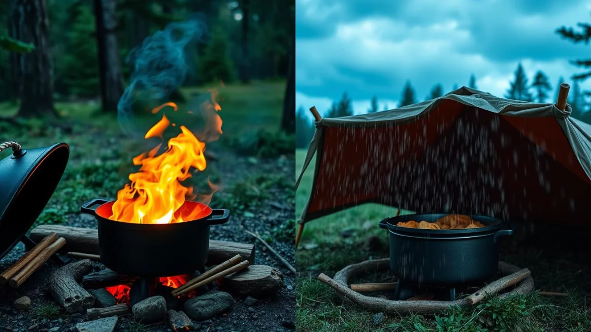 Camping scene showing Dutch oven cooking techniques in different weather conditions Camping scene showing Dutch oven cooking techniques in different weather conditions
