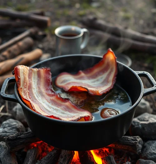 Dutch Oven Seasoning: The Complete Step-by-Step Guide to Season and Maintain Cast Iron 13 Bacon cooking in a Dutch oven over campfire