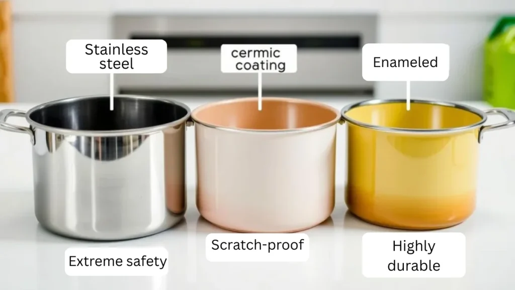 Stainless Steel vs Ceramic vs Enamel Stockpots: Which Material Is Best for Large Families? 7 Close-up comparison of healthy cookware materials for stockpots