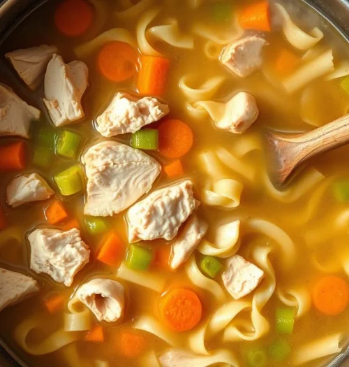 Classic chicken noodle soup with carrots, celery and egg noodles in a stockpot