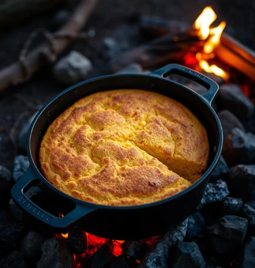 Dutch Oven Seasoning: The Complete Step-by-Step Guide to Season and Maintain Cast Iron 14 Golden cornbread in a Dutch oven at a campsite