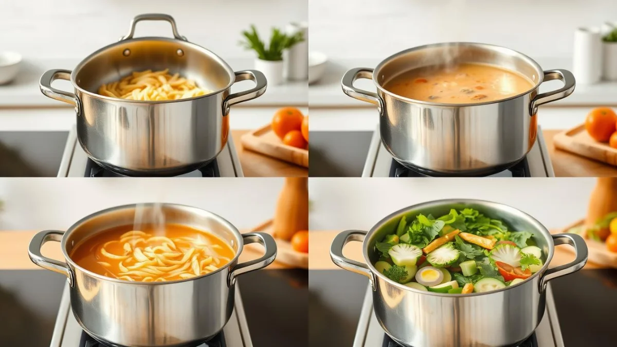 A 12-quart stockpot being used for multiple cooking purposes A 12-quart stockpot being used for multiple cooking purposes