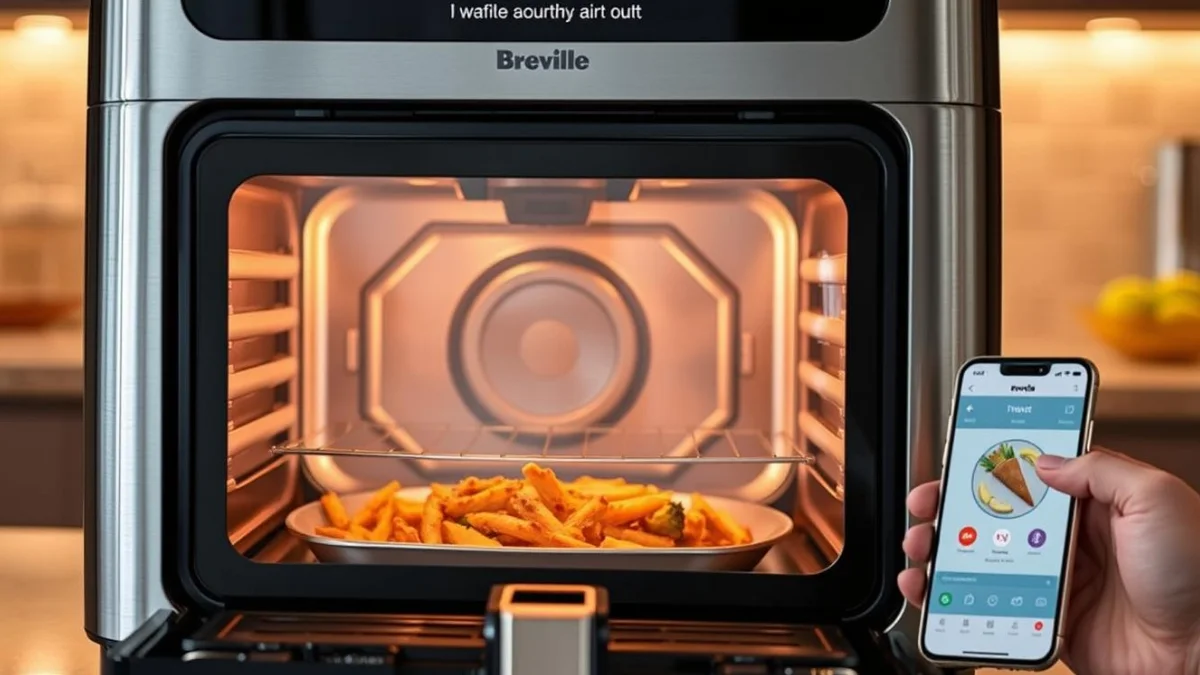 Breville BOV950BSS Joule Smart Oven Air Fryer in use cooking a meal Breville BOV950BSS Joule Smart Oven Air Fryer in use cooking a meal