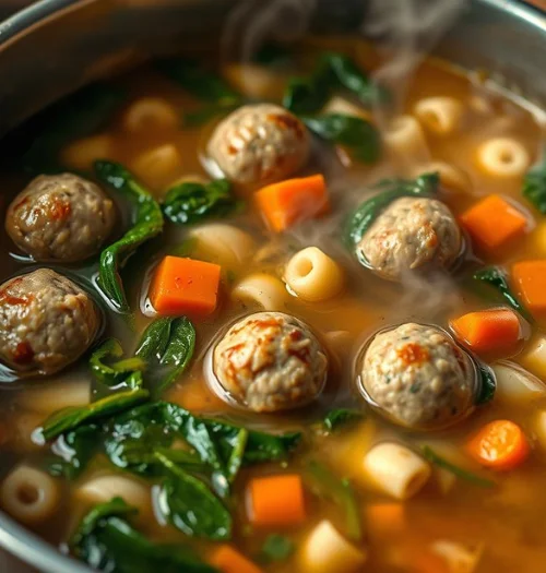 Italian wedding soup with mini meatballs and spinach in a stockpot