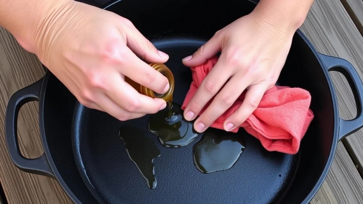 Person seasoning a cast iron Dutch oven with oil after cleaning