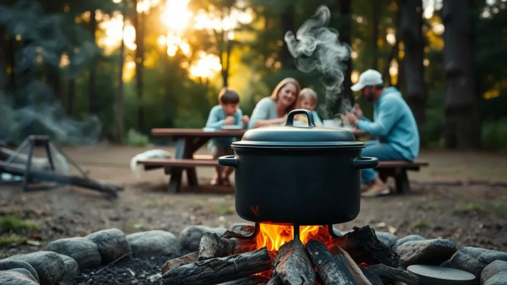 Dutch oven cooking over campfire with family enjoying meal in background